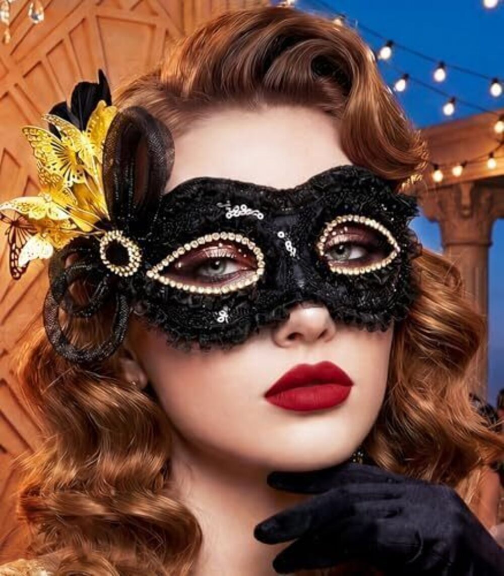 9529 Black Masquerade Mask, Feather Gold Butterfly Ball Antifaz, Venetian